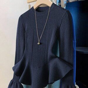 Royal Blue Casual Women's Elegant Ruffle Hem Flare Sleeve Sweater